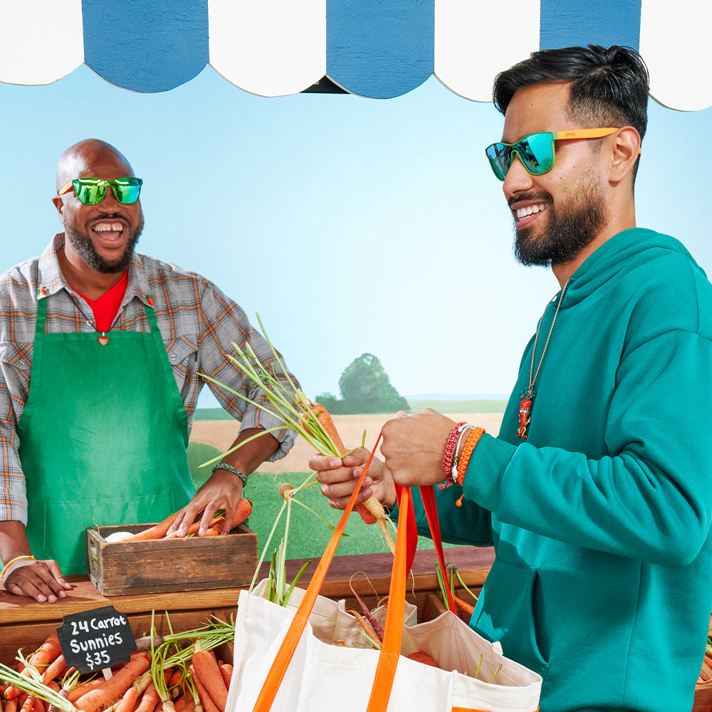 24 Carrot Sunnies |green and orange futuristic style sunglasses with green reflective lenses | Limited Edition Farmers Market goodr sunglasses