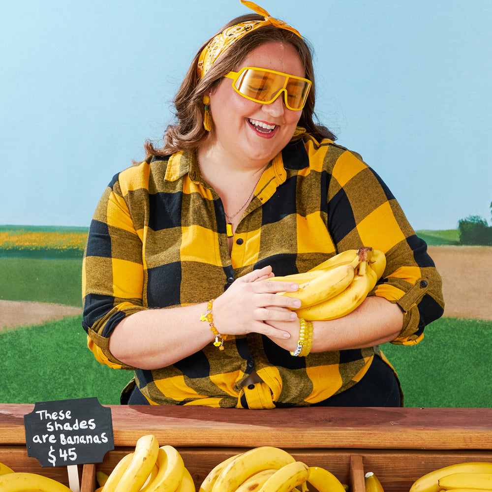 THESE SHADES ARE BANANAS |yellow wrap around sunglasses with yellow non reflective lenses | Limited Edition Farmers Market goodr sunglasses