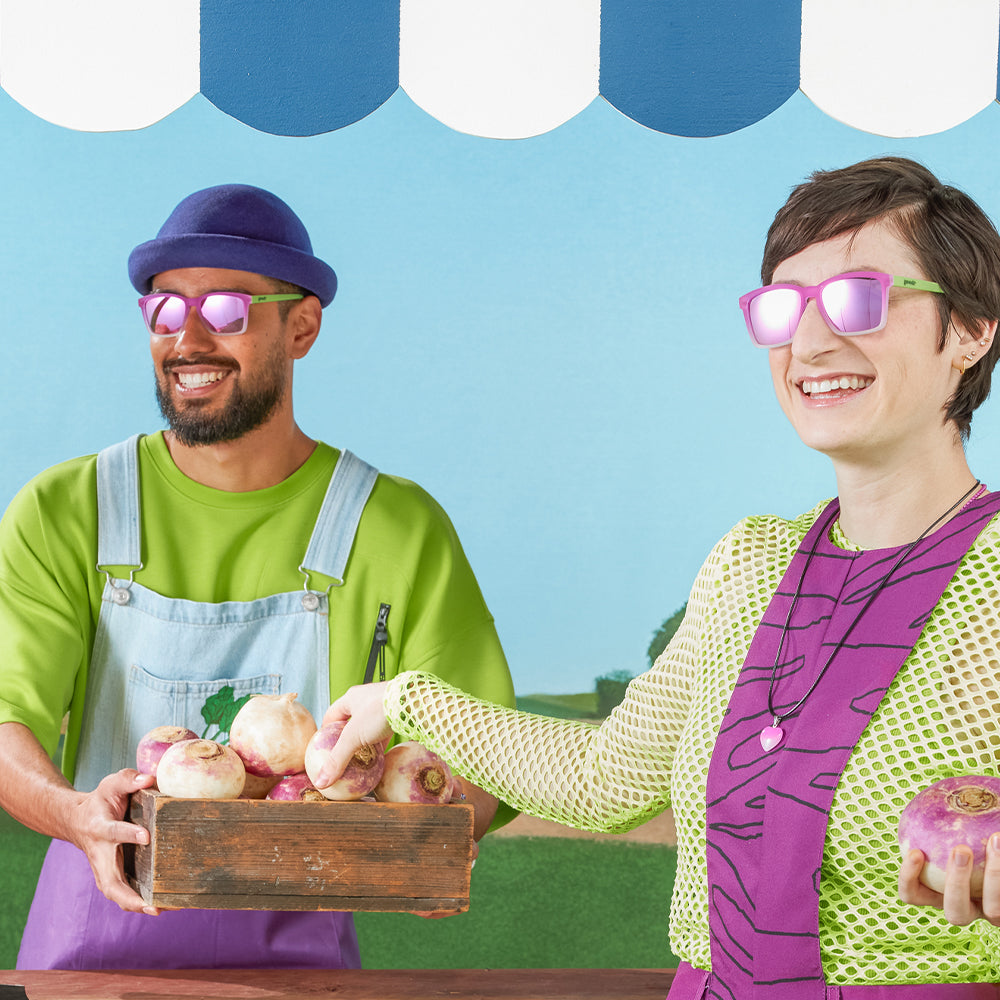 Turnip for What? Nutrition! |green and purple traditional narrow sunglasses with dark pink reflective lenses | Limited Edition Farmers Market goodr sunglasses